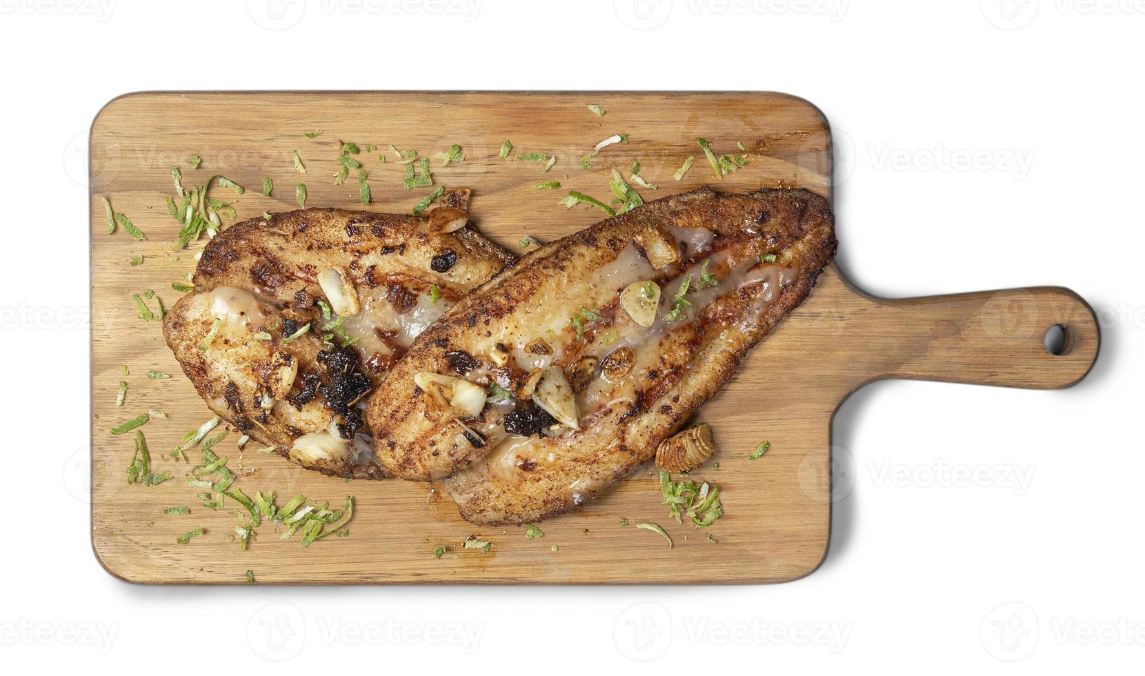 salmon stack on a wooden food board top view photo