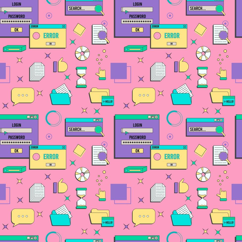 Vaporwave UI and UX elements seamless pattern. PC retro game frame. Nostalgic style 70s, 80s, 90s. vector