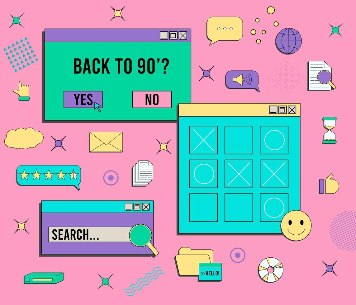 Set of vaporwave UI and UX elements. PC retro game frame. Nostalgic style 70s, 80s, 90s. vector