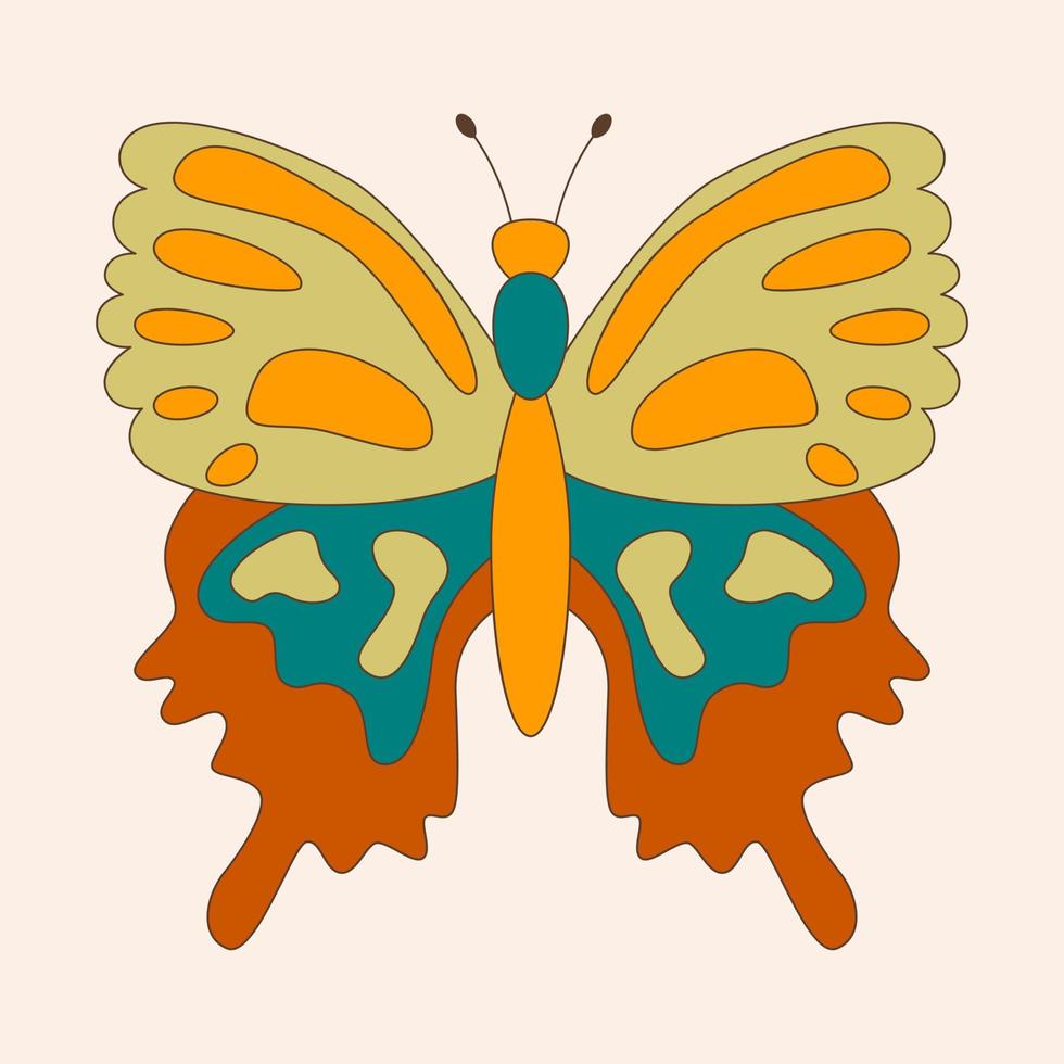 Retro 60s 70s hippie groovy butterfly for cards, stickers or poster design. Flat vector illustration