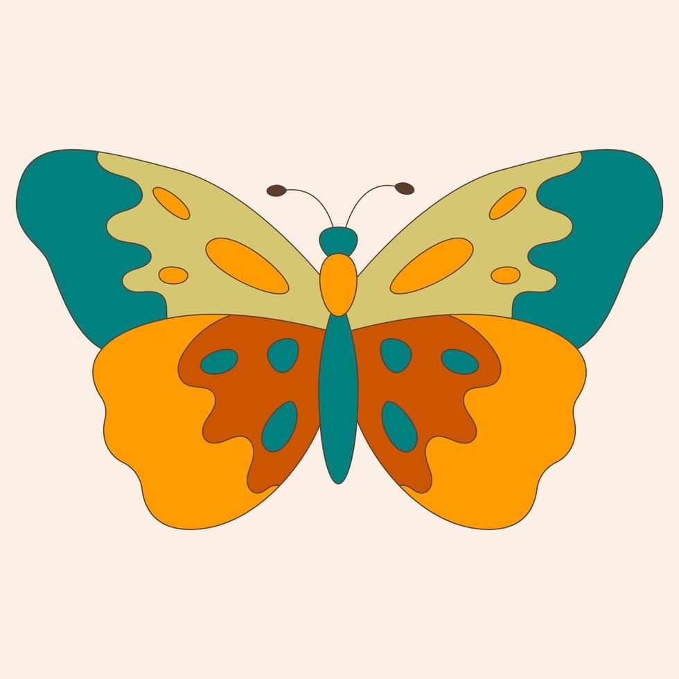 Retro 60s 70s hippie groovy butterfly for cards, stickers or poster design. Flat vector illustration