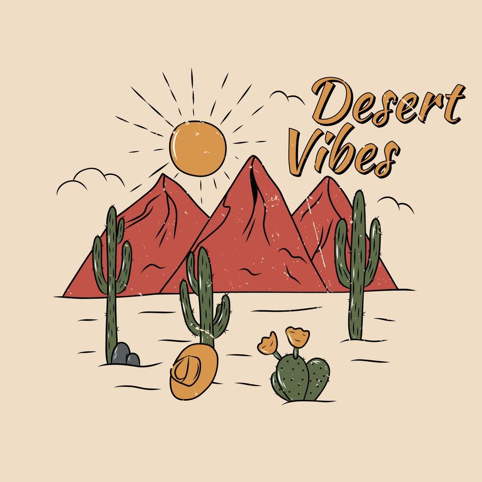 vibraciones del desierto de arizona con cactus y montaña. diseño de impresión para prendas de vestir, pegatinas, camisetas y otros. ilustración retro de la vendimia. vector