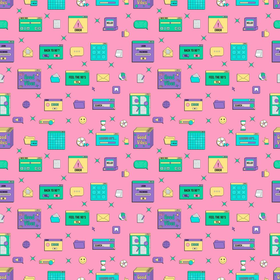 Vaporwave UI and UX elements seamless pattern. PC retro game frame. Nostalgic style 70s, 80s, 90s. vector