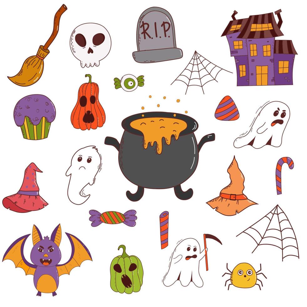 divertido juego de halloween calabaza, fantasma, sombrero de bruja, murciélago, dulces, araña, escoba. concepto de truco o trato. ilustración vectorial en estilo dibujado a mano vector