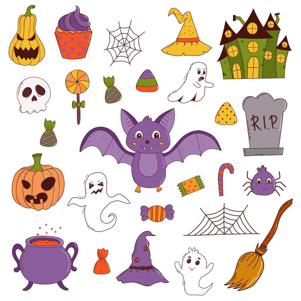 Funny halloween set pumpkin, ghost, witch hat, bat, sweets, spider, broom. Trick or treat concept. Vector illustration in hand drawn style