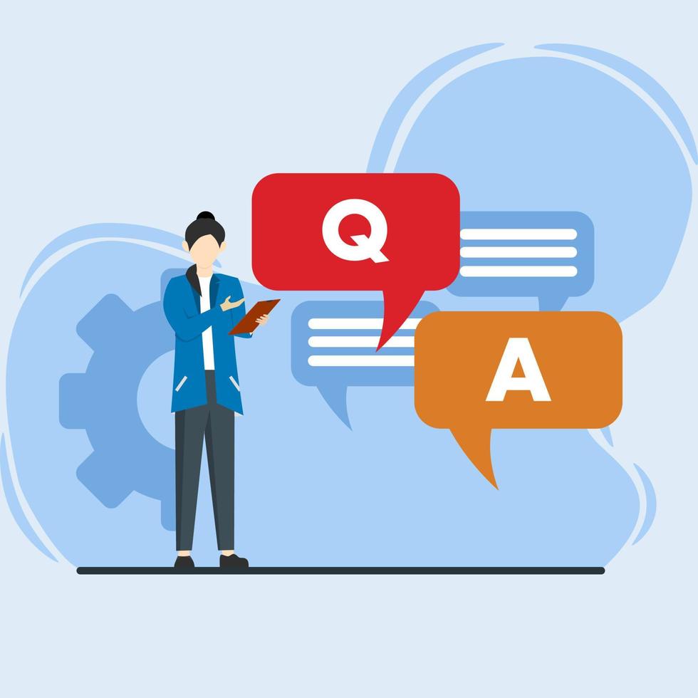 customer service concept. Users ask questions in support chats. Our collection of contacts, faqs, questions, answers. vector flat illustration for banner UI