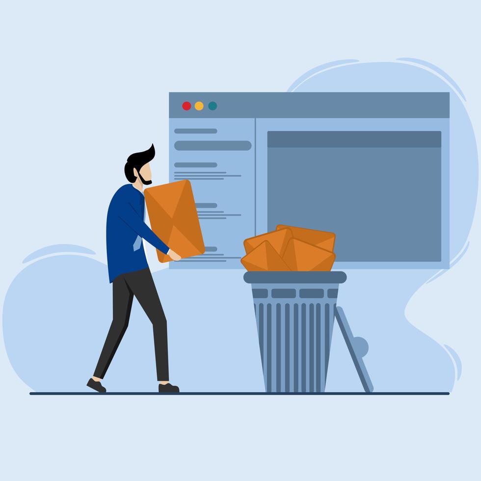 Junk internet message concept in mailbox, phishing email and advertising letter. illustration of people carrying spam emails to the trash. vector