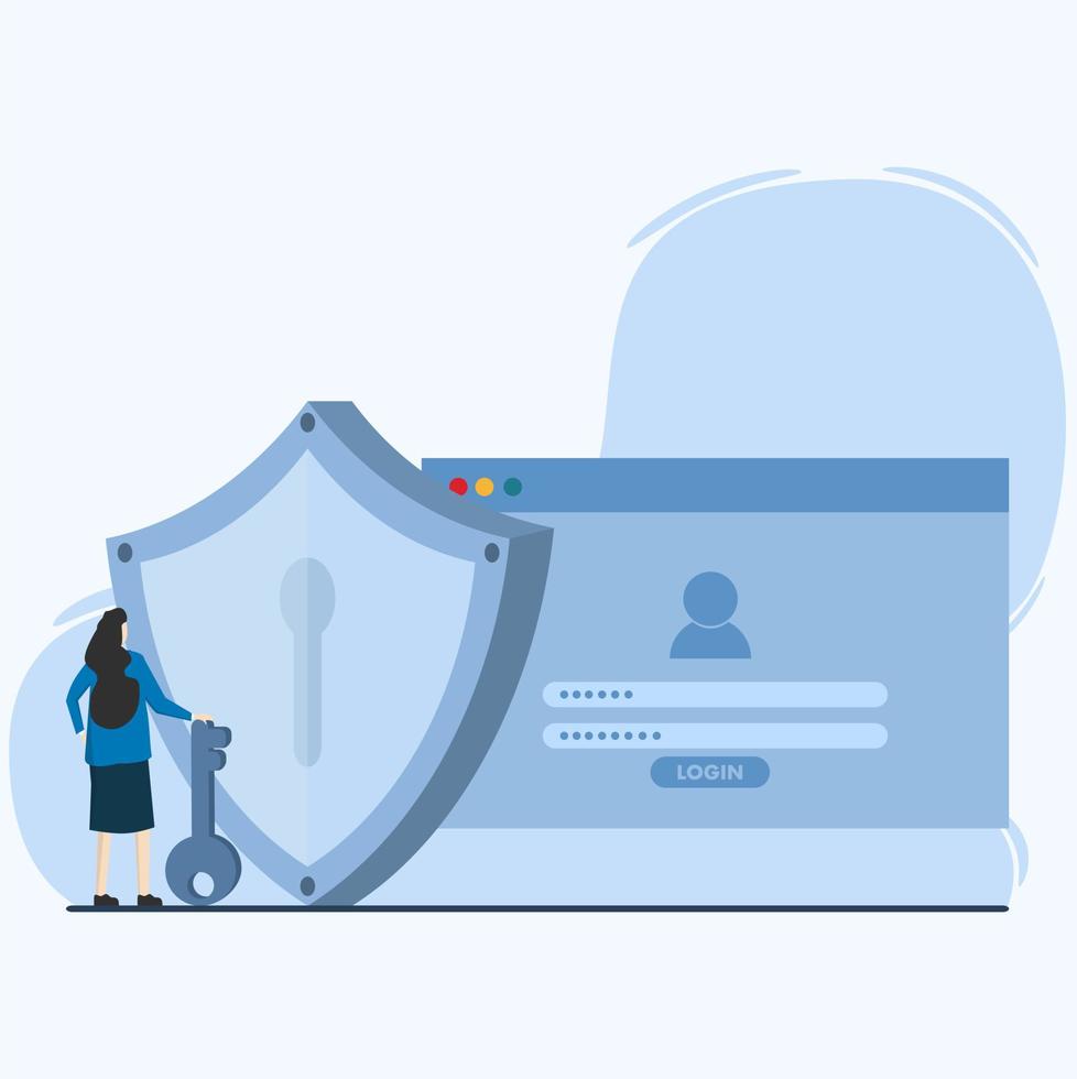 account security concept. businesswoman holding key to access security system protecting user account data and password to login. vector