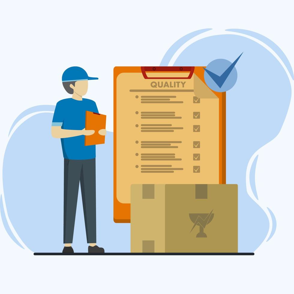 Product quality control concept, people check product quality with set standard. inspection or test procedures focused on meeting requirements. Modern flat vector illustration.