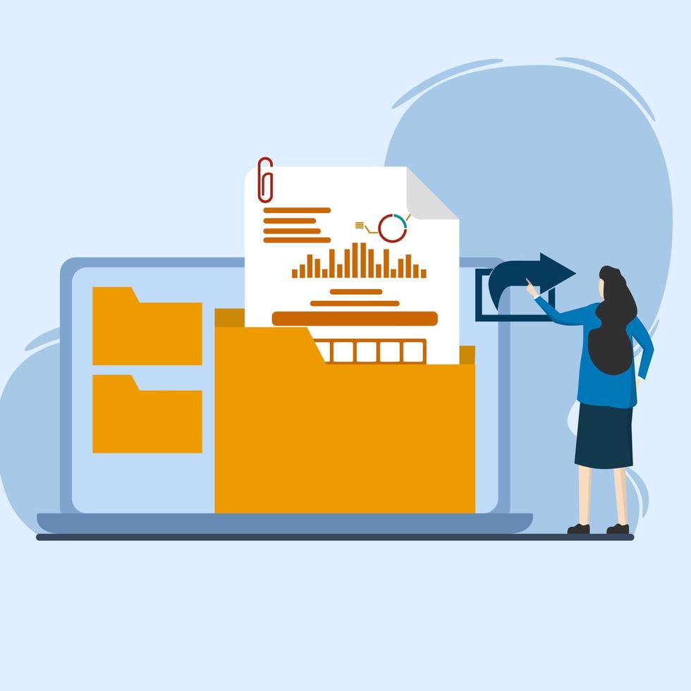 Vector illustration of woman sending document files for business. Concept of sharing or sending files, data transfer, documentation transfer, file management, electronic document management.