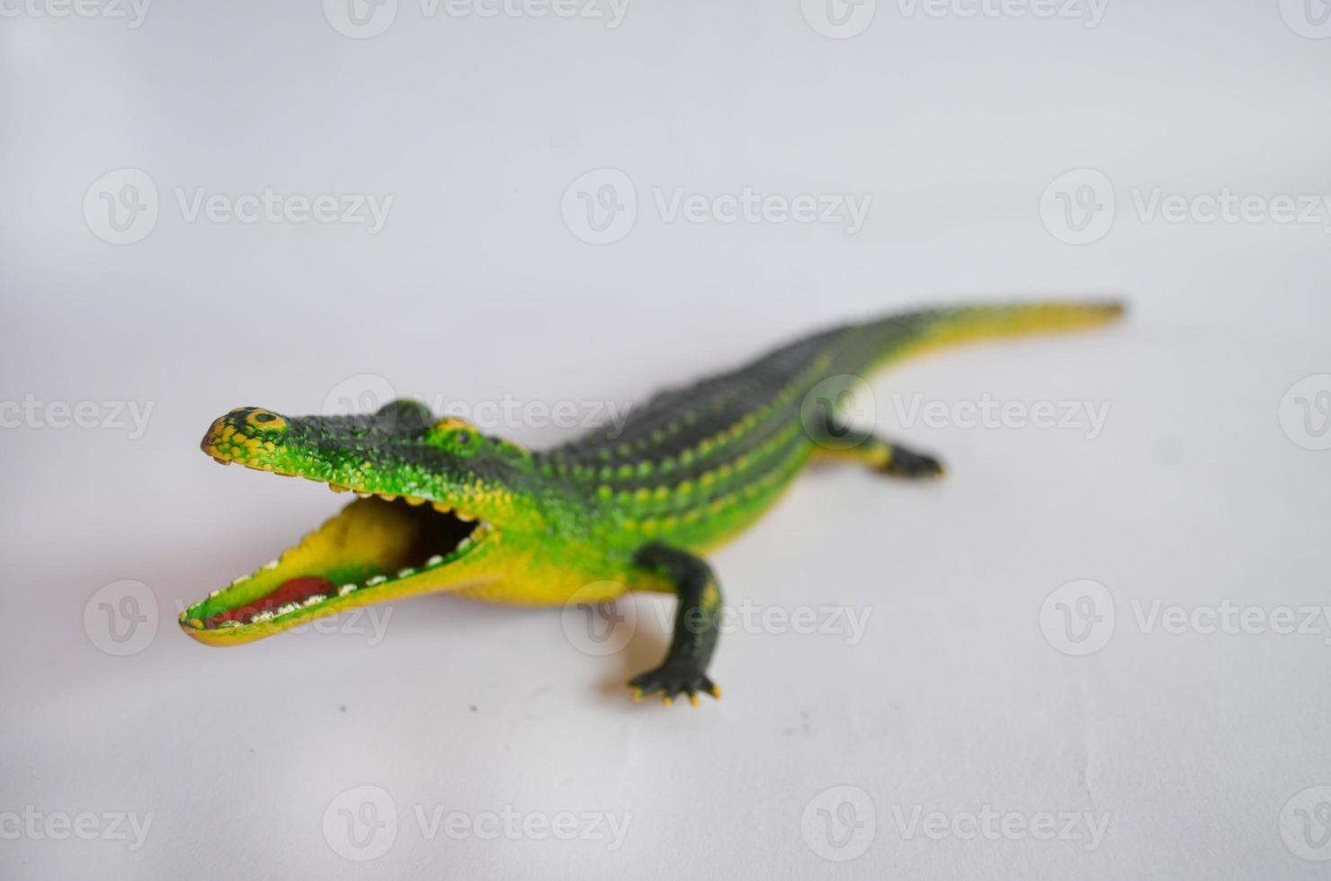 Selective focus of ceramics crocodile isolated on white background photo