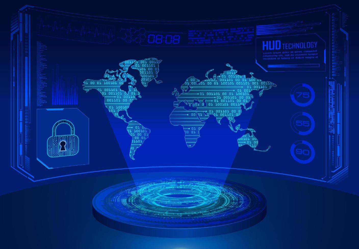proyector holográfico de mapa del mundo moderno sobre fondo de tecnología vector