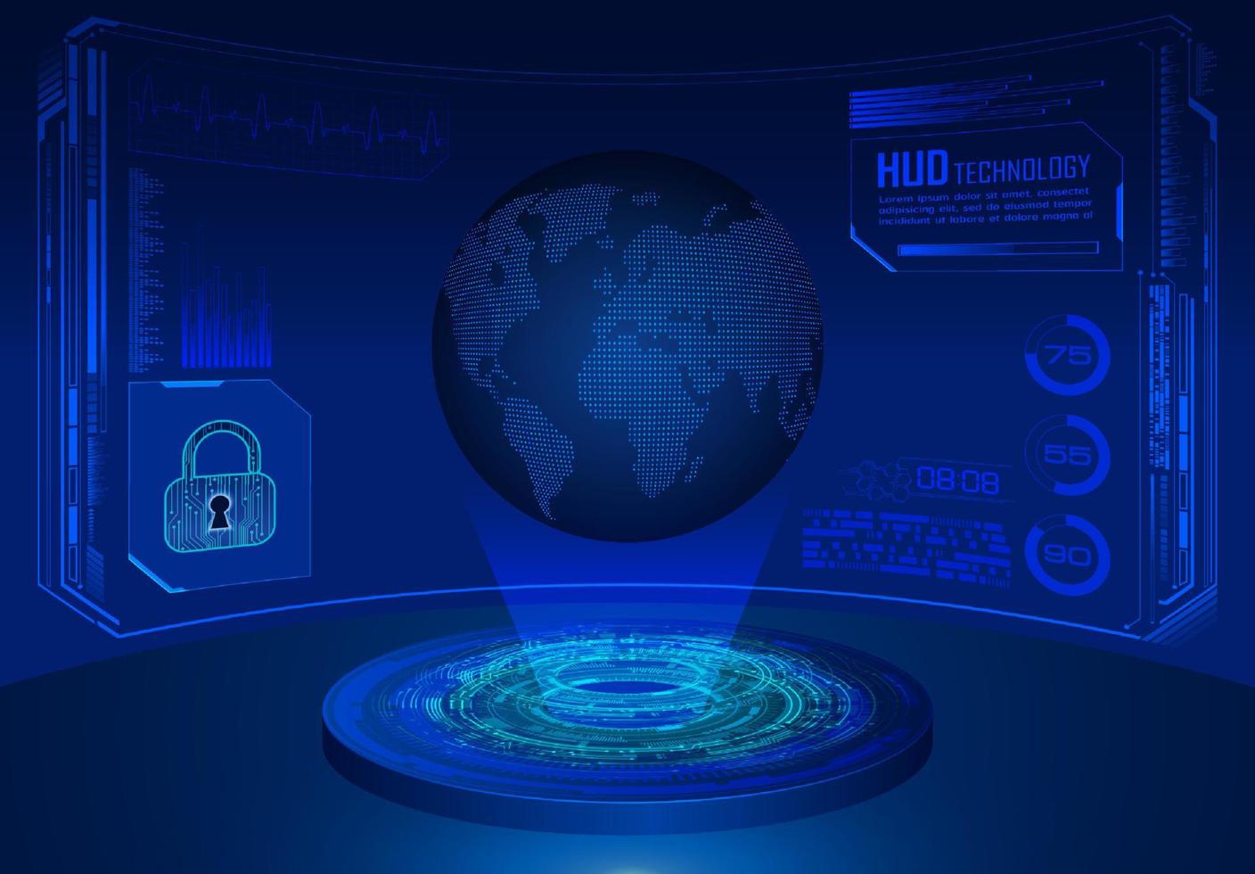 proyector holográfico de mapa del mundo moderno sobre fondo de tecnología vector