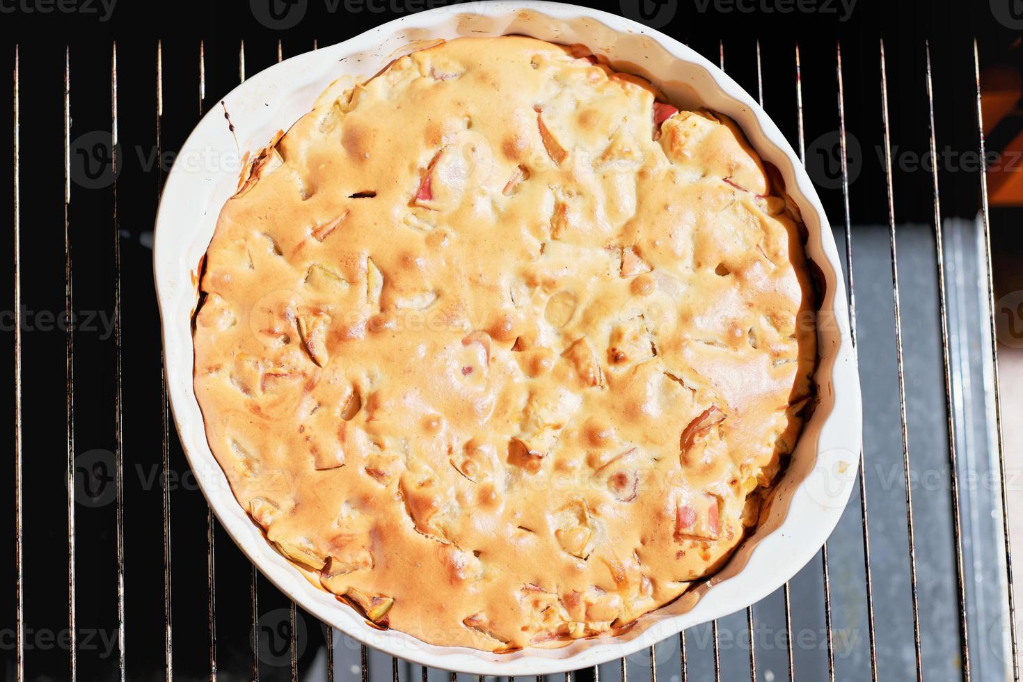 pastel de frutas recién horneado en una bandeja en horno abierto. vista superior del postre casero de acción de gracias. imagen de estilo de vida de la luz del sol en un pastel casero. foto