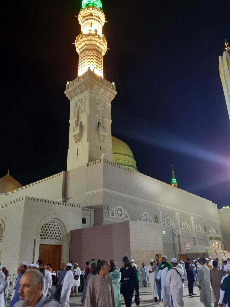 Medina, Saudi Arabia, Oct 2022 - Beautiful view of Masjid Al Nabawi Madinah in night lights. Masjid Al Nabawi Medina presents a very beautiful scene in the night lights. photo