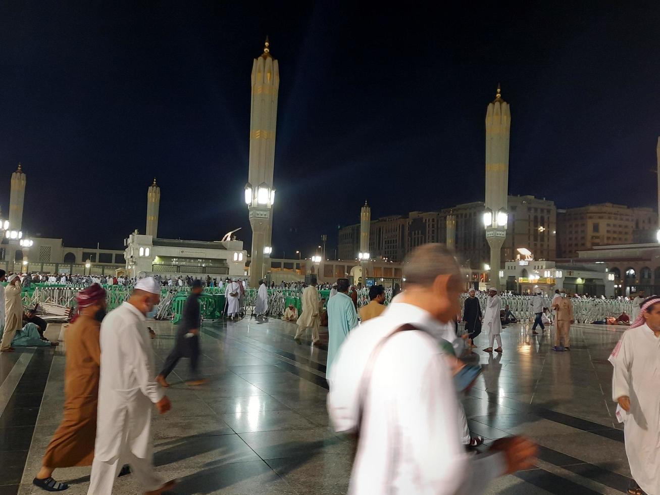 Medina, Saudi Arabia, Oct 2022 - Beautiful view of Masjid Al Nabawi Madinah in night lights. Masjid Al Nabawi Medina presents a very beautiful scene in the night lights. photo