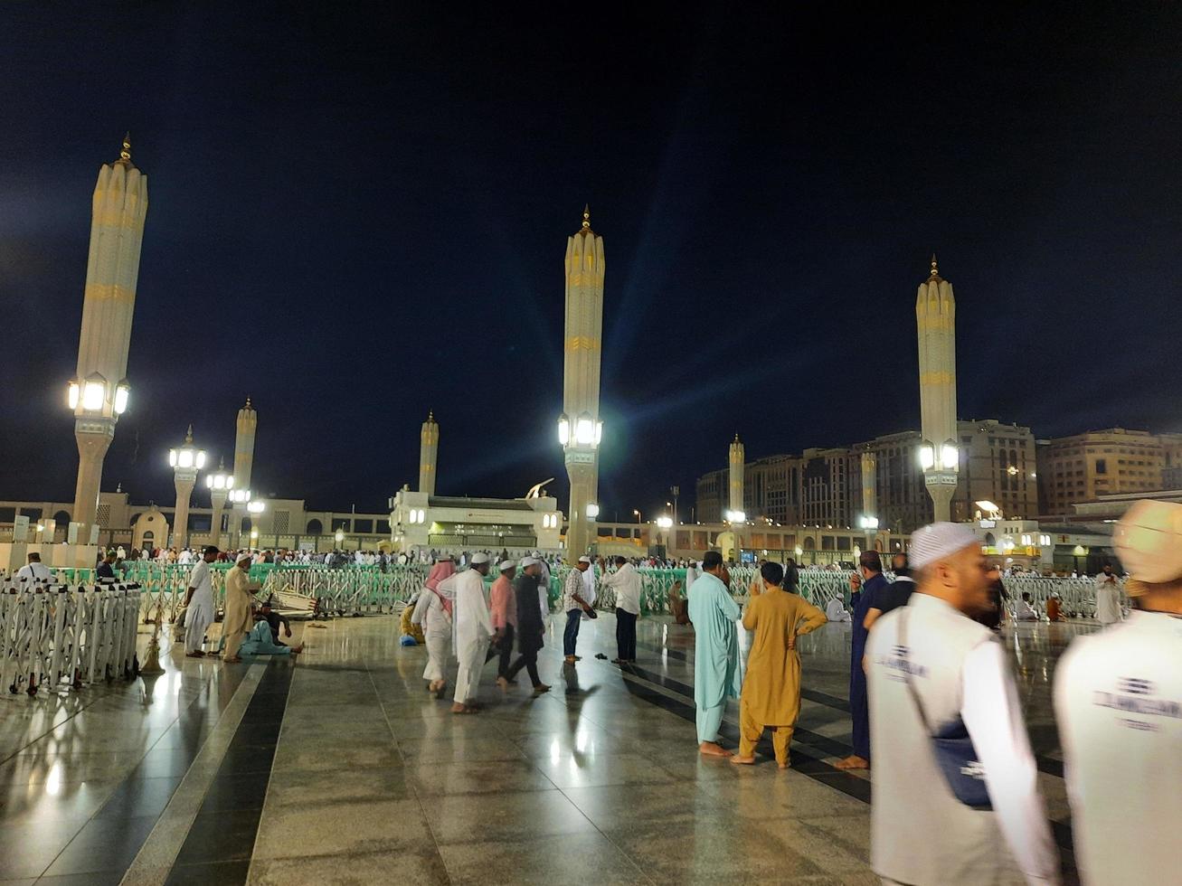 Medina, Saudi Arabia, Oct 2022 - Beautiful view of Masjid Al Nabawi Madinah in night lights. Masjid Al Nabawi Medina presents a very beautiful scene in the night lights. photo