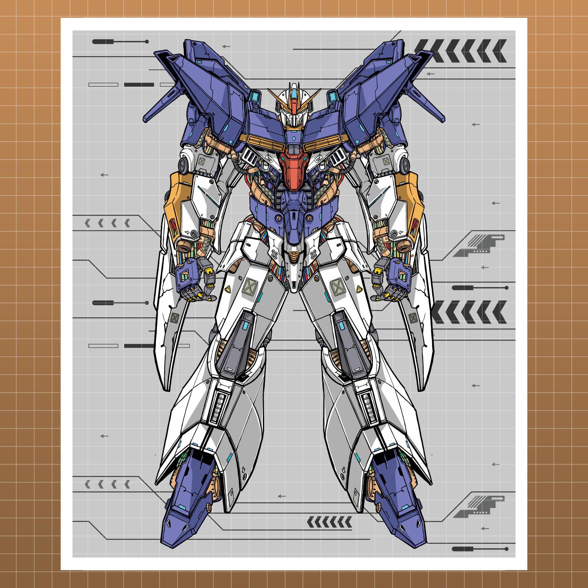 mecha robot wings builded by head arm body leg weapon illustration