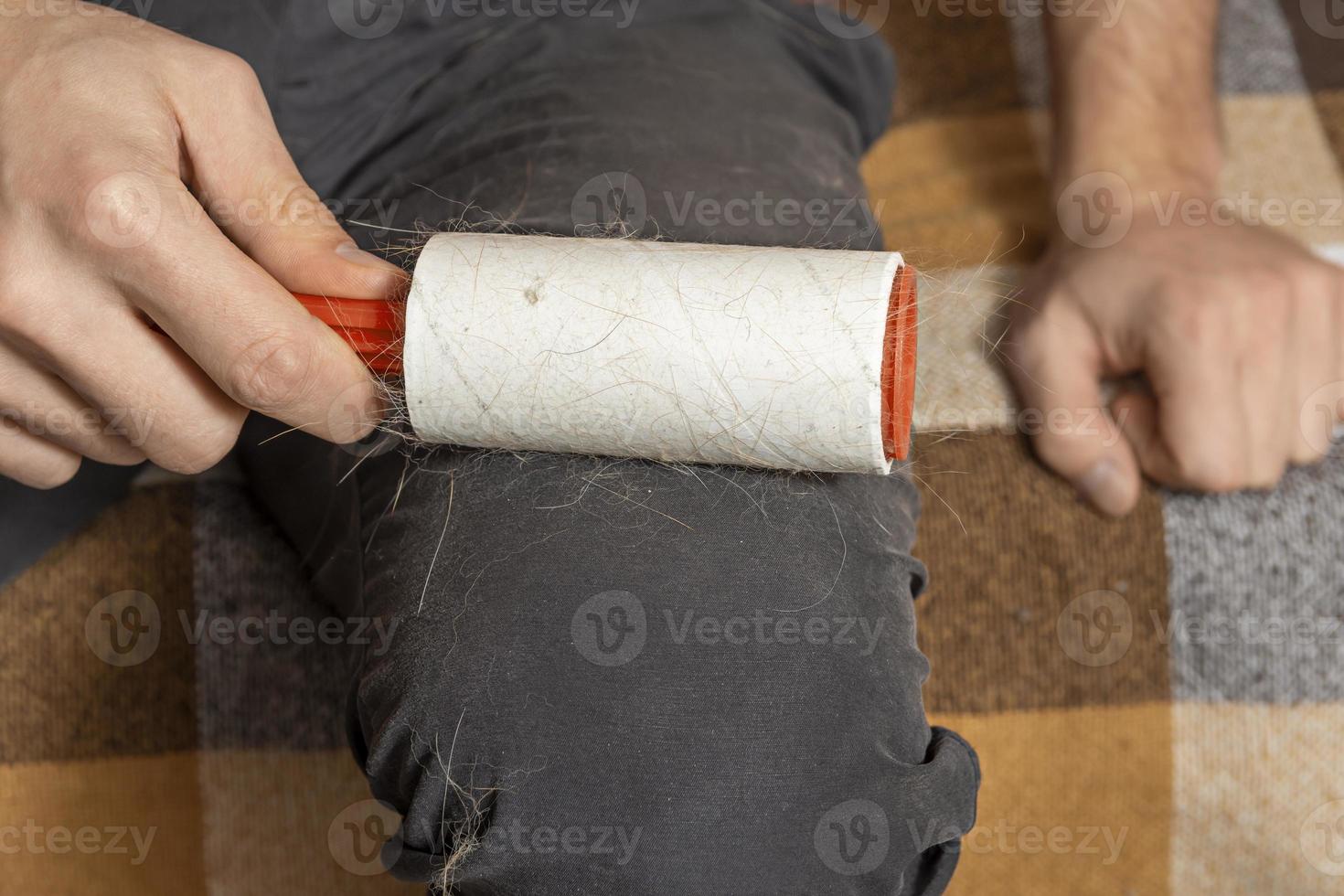 A man with a sticky clothes roller removes animal hair from clothes. Cat hair on clothes. A sticky roller that removes cat hair. photo
