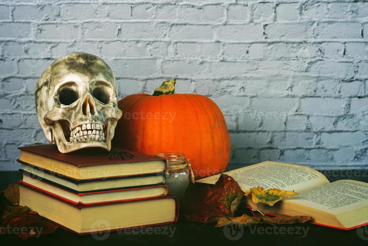 Concept of Halloween books. Books,skull,halloween pumpkin and autumnal leaves. Halloween concept background photo