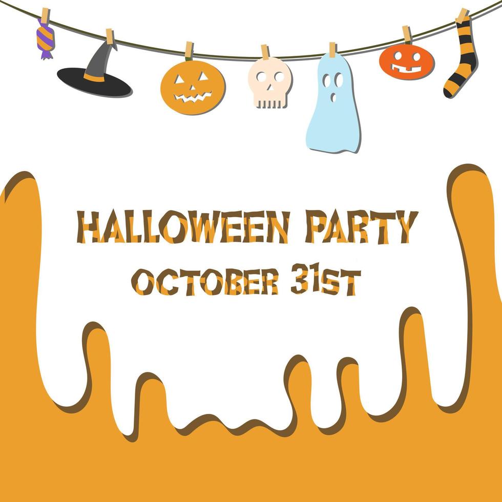 Halloween party paper cut flowing down poster with pumpkins, ghost and skull. Spooky Halloween party poster. vector