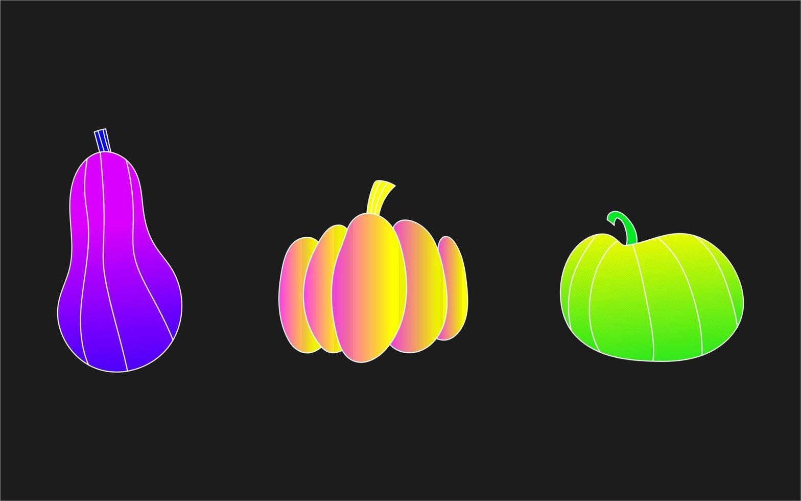 Set of Halloweem acid pumpkins. Three pumpkins in psyhedelic colors. vector