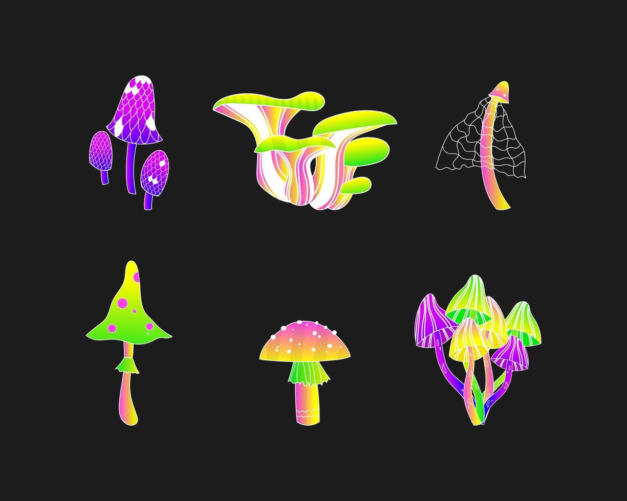 Set of poison mushrooms in acid colors. Set of acid mushrooms. vector