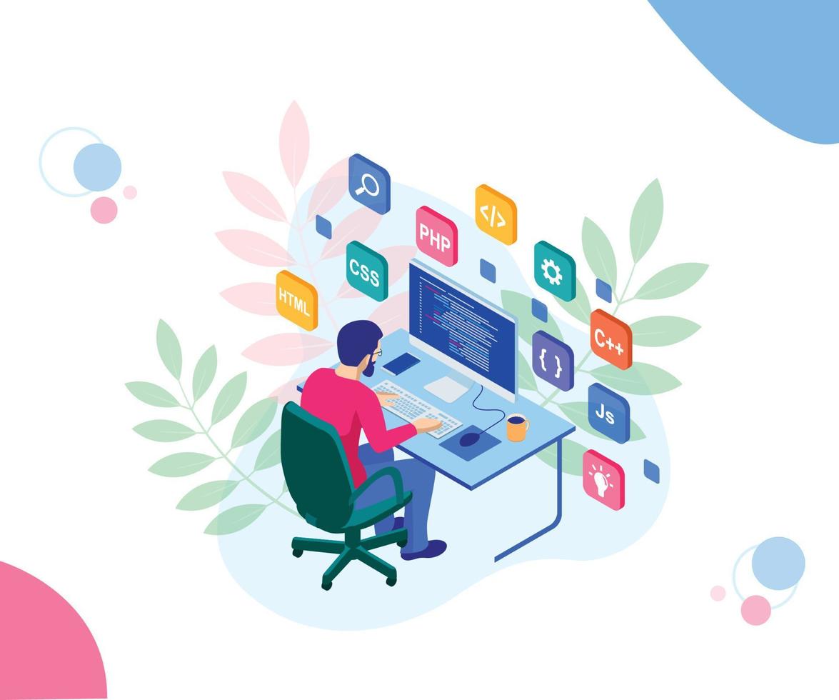 Isometric programmer working on desk 13104770 Vector Art at Vecteezy