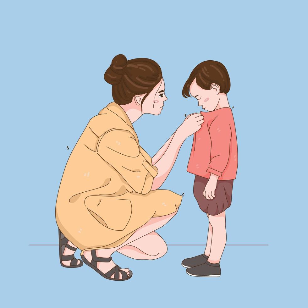 Mother helps son button his shirt vector