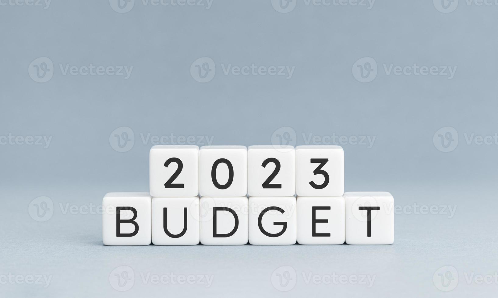 2023 budget message on block shape isolated on blue background. Copy space photo