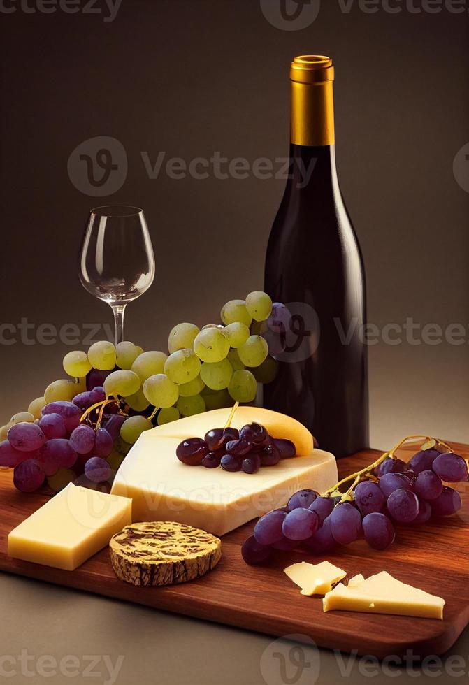 una botella de vino con uvas y plato de queso. foto
