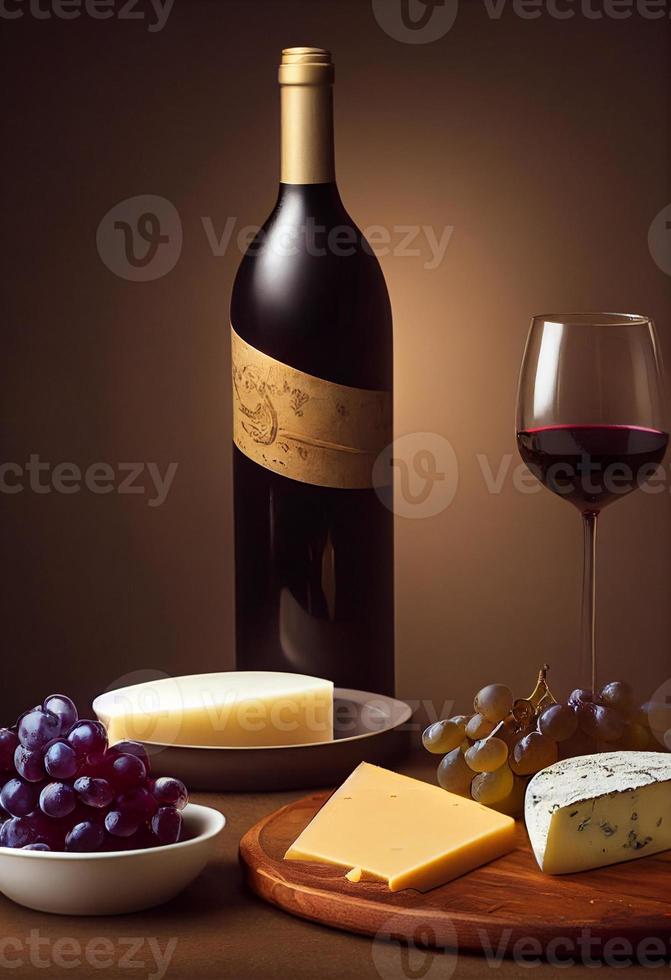 una botella de vino con uvas y plato de queso. foto