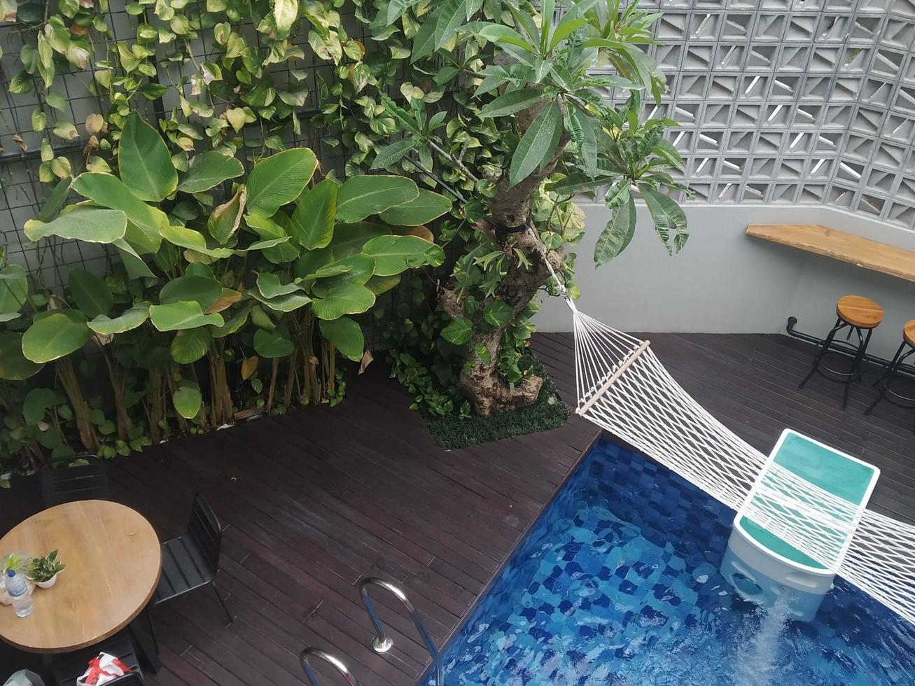 The swimming pool is blue with some banana plants on the left and some chairs on the right photo