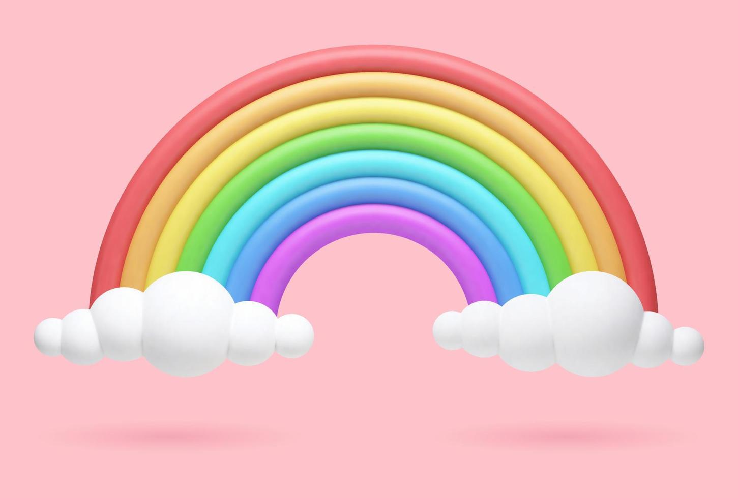 Vector 3d realistic illustration of a 7-color rainbow on a pink background with clouds