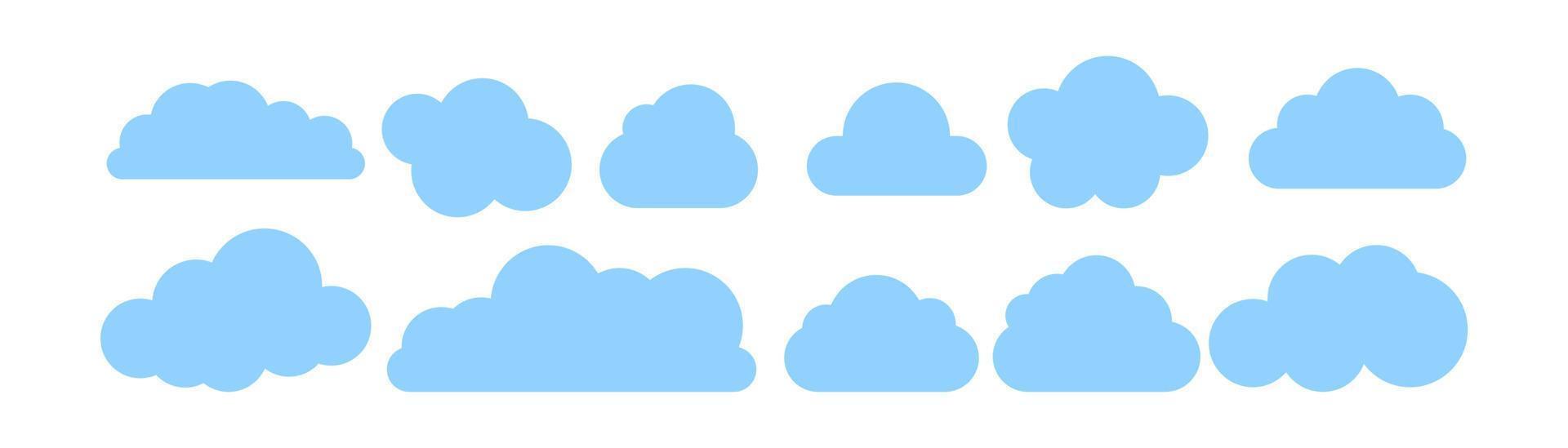 Set of different white clouds. Vector illustration isolated on blue background