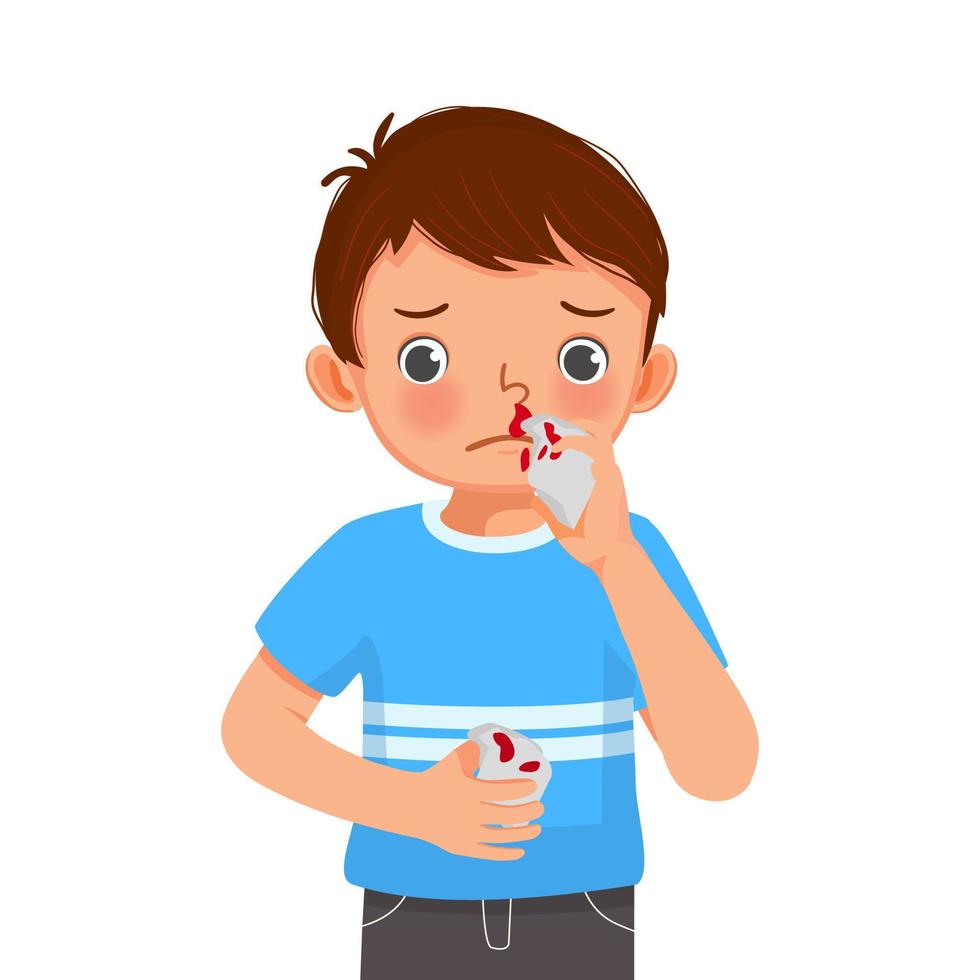 cute little boy wipe his bleeding nose with tissue paper vector