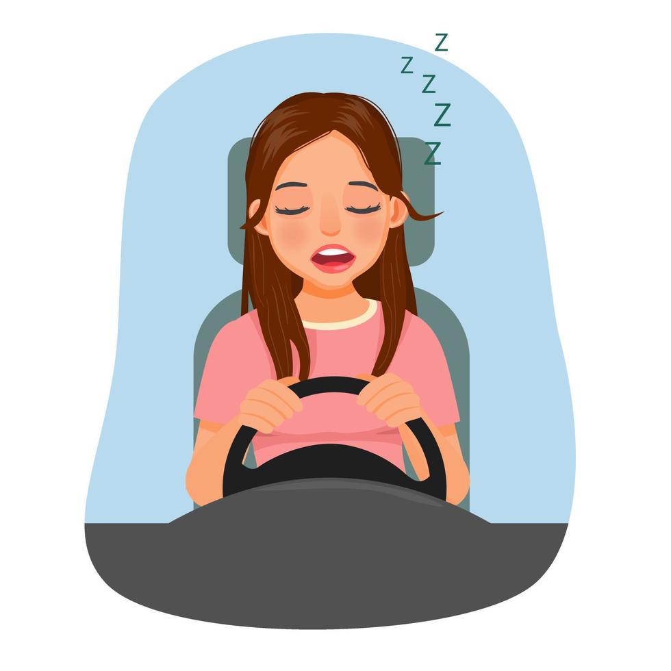 Young woman sleepy female driver falling asleep while driving a car vector