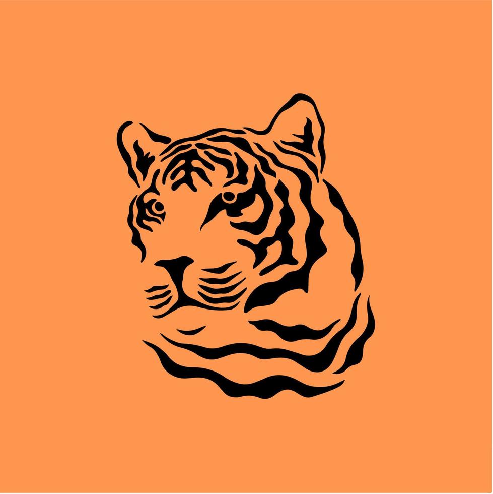Black Tiger Head Symbol Logo on Orange Background. Wild Animal Tribal Tattoo Design. Stencil Flat Vector Illustration