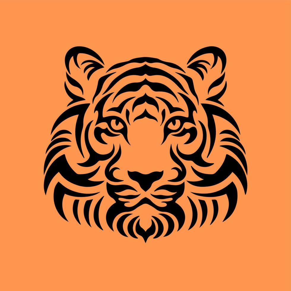 logotipo de símbolo de cabeza de tigre negro sobre fondo naranja. diseño de tatuajes tribales de animales salvajes. Ilustración de vector plano de plantilla