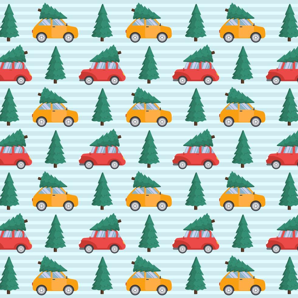 Pattern For New Year And Christmas Textile, Package With Cars Vector Illustration In Flat Style