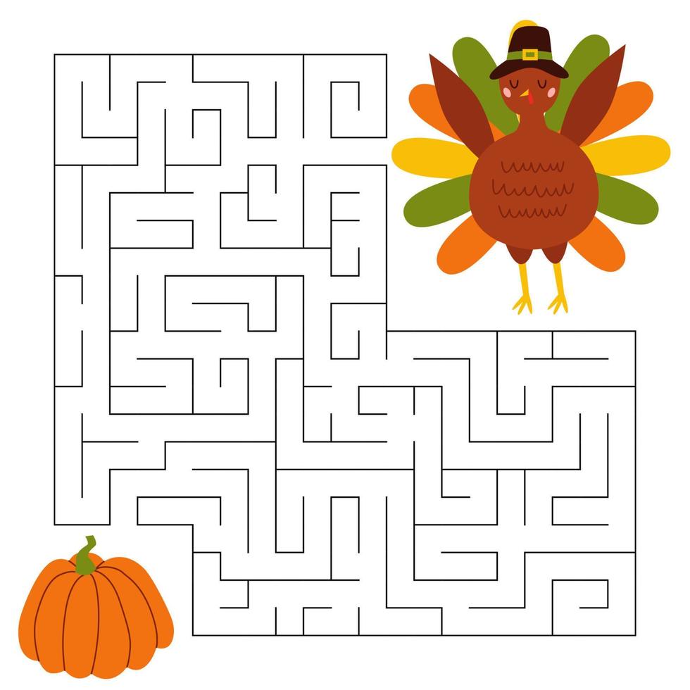 Maze game for children. Cute pilgrim turkey looking for a way to the pumpkin. Bird animal character wearing a pilgrims hat. Printable worksheet. Vector cartoon illustration for thanksgiving day.