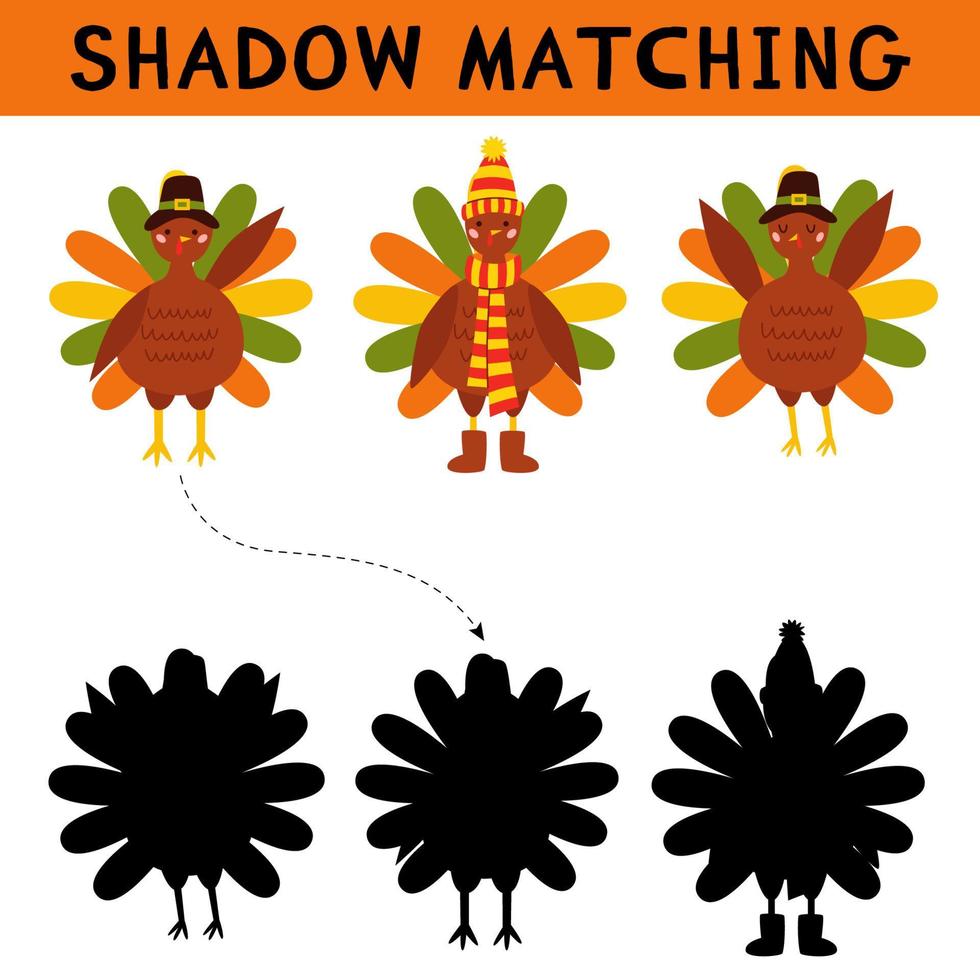 linda actividad de combinación de sombras de pavo peregrino para niños. personaje animal pájaro con sombrero de peregrino. encuentre la hoja de trabajo imprimible de silueta correcta. vector