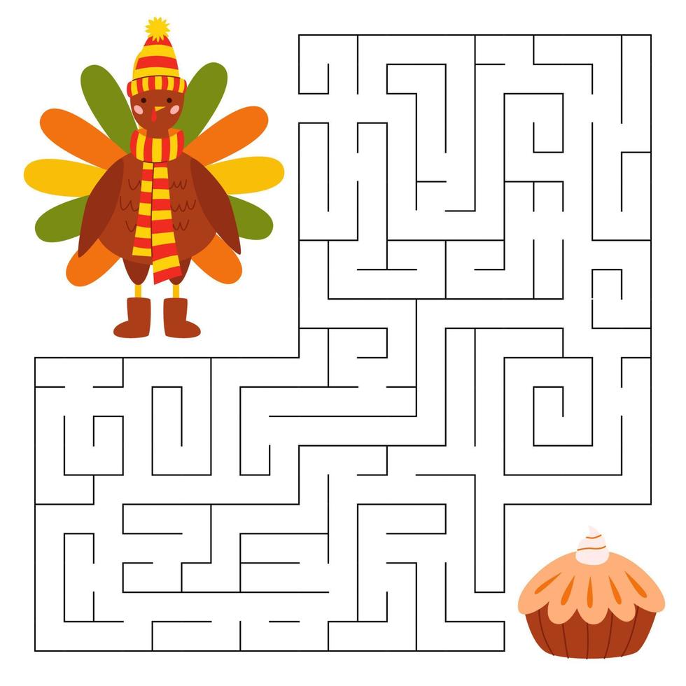 Maze game for children. Cute pilgrim turkey looking for a way to the pumpkin pie. Bird animal character in a hat, a scarf and ugg. Printable worksheet. vector