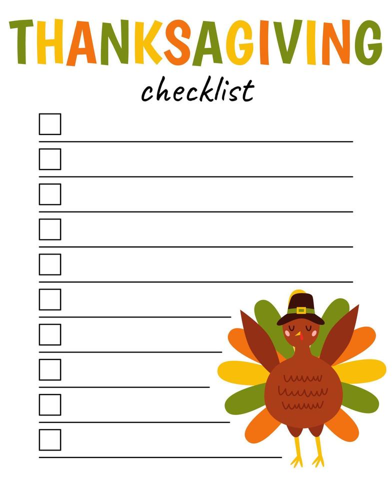 Autumn checklist. Pilgrim Turkey Thanksgiving. Organizer and schedule with place for Notes. Planner template. Vector flat cartoon illustration.