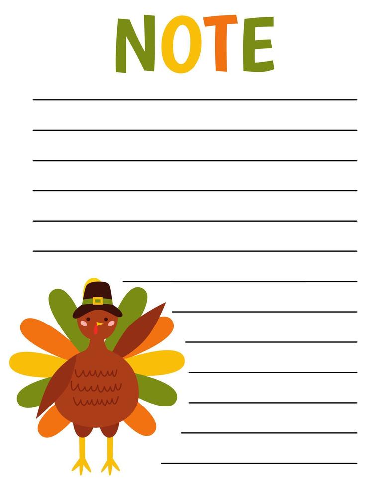 Notes list template. Pilgrim Turkey Thanksgiving. Organizer and Schedule with place for Notes. Good for Kids. Vector flat cartoon illustration.