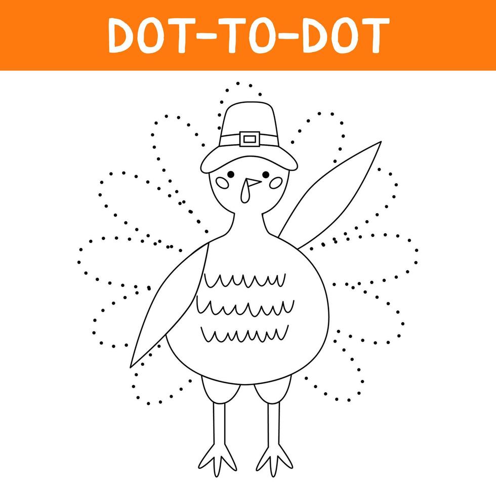 Connect the dots and draw cute pilgrim turkey. Bird animal character wearing a pilgrims hat. Educational game for kids. Vector cartoon illustration for thanksgiving day.