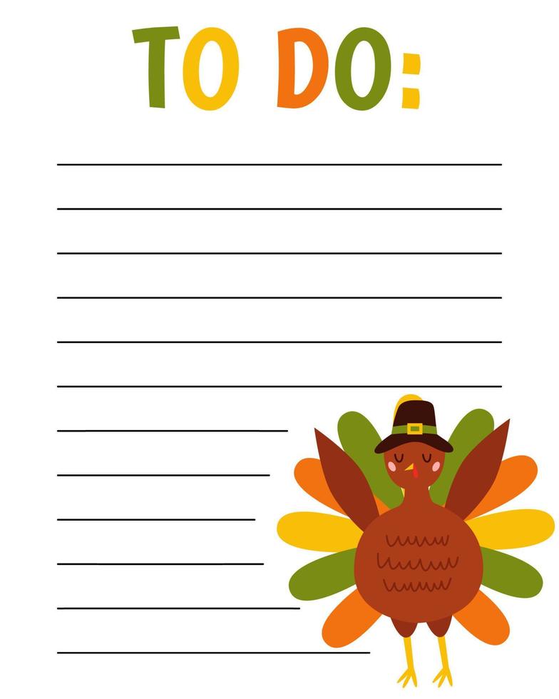To do list template. Pilgrim Turkey Thanksgiving. Organizer and Schedule with place for Notes. Good for Kids. Vector flat cartoon illustration.