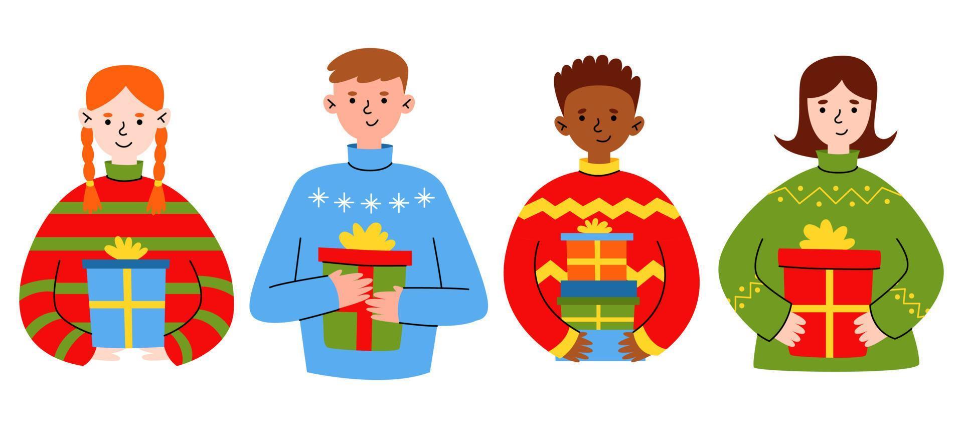 Diverse people with New Year gifts. Funny cartoon characters preparing for Christmas. Men and women receiving presents. Christmas sale or Secret Santa surprises concept. Vector flat illustration.