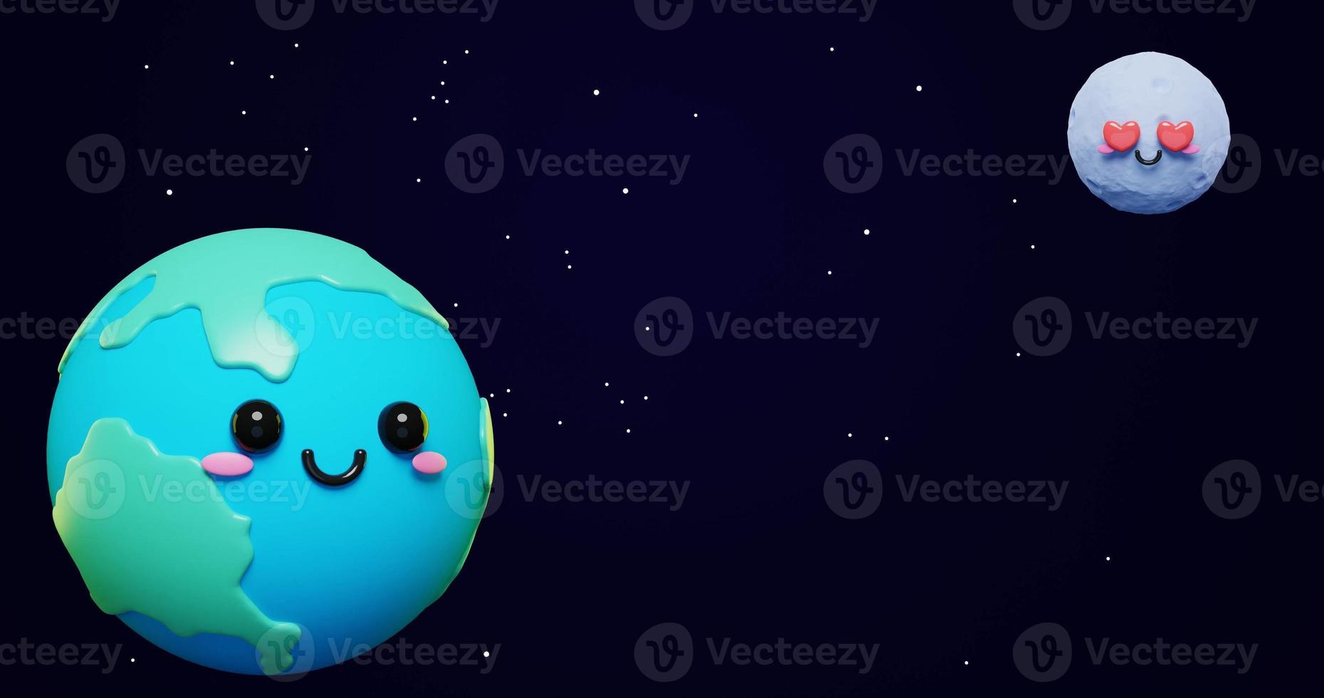 Adorable and Cute 3d Cartoon planet Earth and Moon on space stars background. International Mother Earth Day banner or poster. Happy Earth Day conceptual background photo