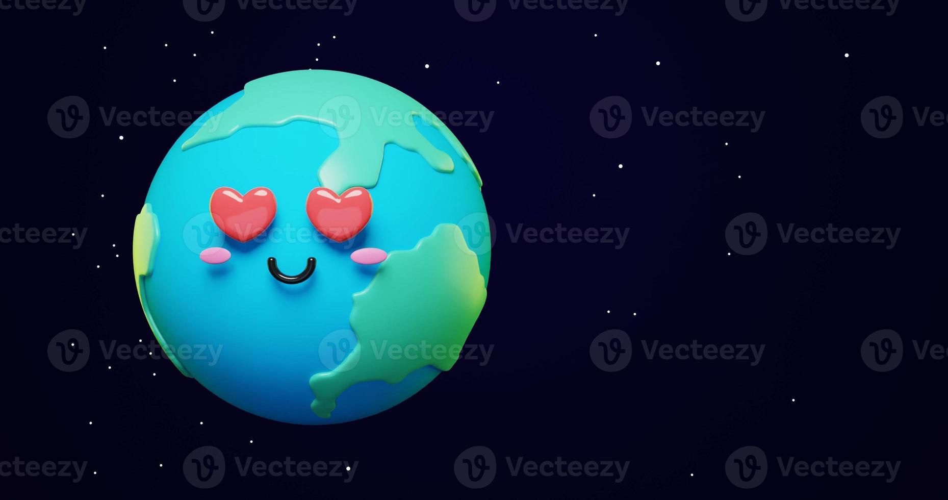 Adorable and Cute 3d Cartoon planet Earth with love eyes on space stars Copy Space background. International Mother Earth Day banner or poster. Happy Earth Day conceptual background photo